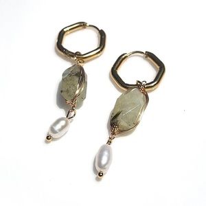 Wired Green Gemstone Pearl Dangle Hoops Gold Earrings